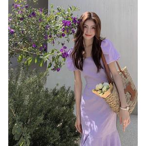 紫色连衣裙女夏季新款高级感御姐名媛法式气质修身显瘦鱼尾长裙子