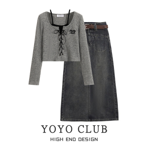 YOYO CLUB假两件针织长袖t恤秋冬复古高腰牛仔半身裙气质两件套装
