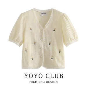 YOYO CLUB法式刺绣V领短袖衬衫2024夏季大码拼接蕾丝花边小衫上衣