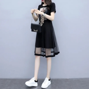 QZ韩式新款连衣裙夏季大码气质拼接蕾丝黑色显瘦遮肚蓝色T恤裙装