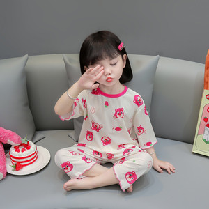 女童睡衣儿童草莓熊莫代尔夏款空调服2024款春秋小女孩薄款家居服