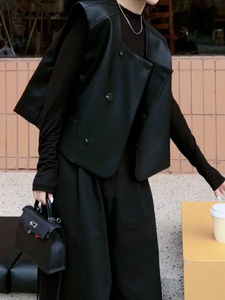 欧货黑色短款皮衣马甲外套女春秋设计感时尚宽松无袖叠穿坎肩上衣