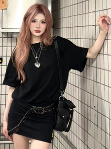 韩国学生短袖黑色连衣裙女夏天修身显瘦A字裙小个子低腰包臀短裙