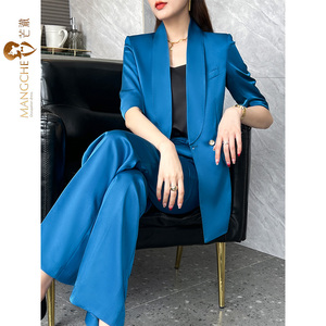 宝石蓝高级感西装套装女2024夏季短袖青果领高端西服两件套职业装