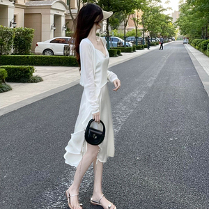 欧洲站夏季2024新款仙女长裙高级感气质白色开衫吊带连衣裙女套装