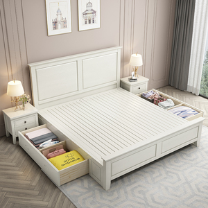 床现代简约双人床主卧美式乡村压纹奶油风可储物1.8m床白色实木床