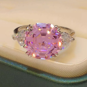 八边形粉钻阿斯切爱心形粉钻石4克拉S925银指环戒指宴会轻奢手饰