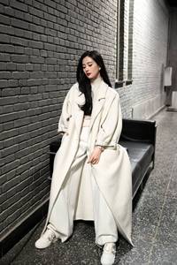 新款刘诗诗明星同款白色羊绒大衣风衣女韩版中长款系带气质外套