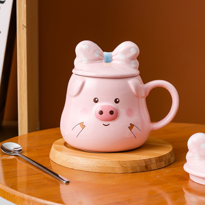 鼎涵陶瓷马克杯可爱猪粉色少女心卡通杯子带盖勺水杯早餐杯咖啡杯