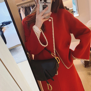 冬季时尚小香风高级感女装御姐红色呢子半裙名媛职业两件套装洋气