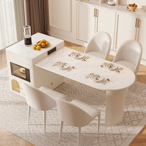 奶油风可伸缩岛台岩板餐桌一体轻奢椭圆形家用法式高端网红饭桌椅