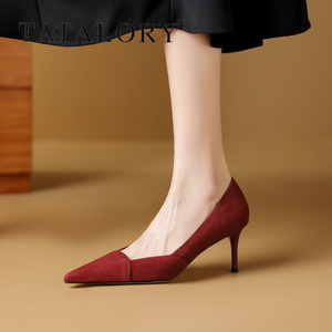TATA LORY女鞋优雅气质红色高跟鞋女绒面尖头细跟单鞋子通勤简约