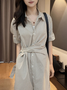 韩式翻领条纹系带连衣裙女2024夏季新款收腰气质长裙短袖衬衫裙子