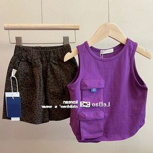 韩国男童夏装套装2024新款儿童洋气豹纹短裤宝宝紫色背心两件套