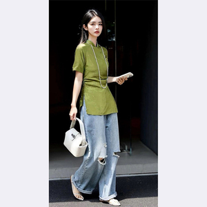 新中式绿色上衣女夏季国风女装2024新款高级感禅意风唐装提花短袖