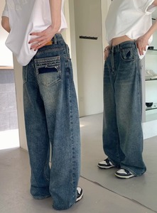 美式复古做旧牛仔裤女2023年新款初秋季小众高腰显瘦直筒拖地长裤