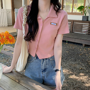 粉色polo领T恤女生短袖正肩短款上衣服2024年新款夏天小个子t桖衫