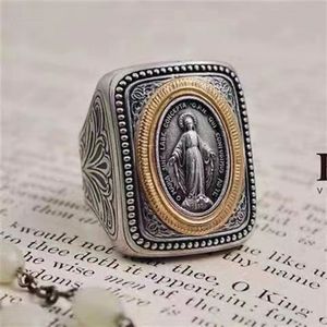 新款S925纯银工镶嵌复古文艺欧美信仰圣牌古币大气男士戒指指环
