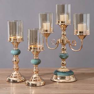 轻奢陶瓷金属玻璃三头蜡烛台欧式复古美式浪漫烛光晚餐桌装饰摆件