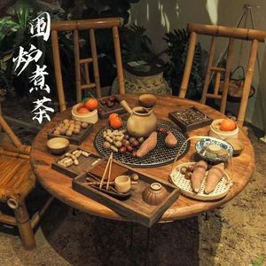 围炉煮茶桌子老榆木火锅烧烤桌冬天实木茶桌中式庭院套装家用室内