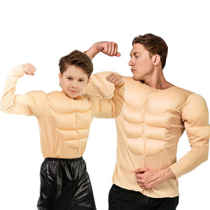 成人肌肉装男长袖T恤儿童金刚扮演搞怪创意假腹肌万圣节派对服饰