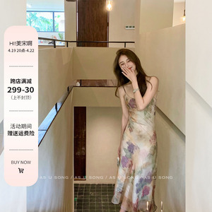 Hi美宋啊【Dear塞西莉亚】明媚古典油画风压褶斜裁收腰显瘦连衣裙