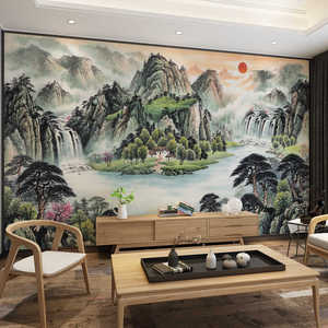 新中式水墨山水国画电视背景墙卧室风景壁画墙纸客厅茶室壁布书房