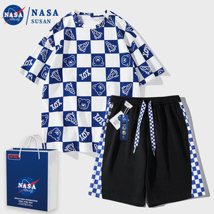 NASA夏季套装男生衣服一套搭配帅气棋盘格情侣休闲沙滩短袖短裤潮