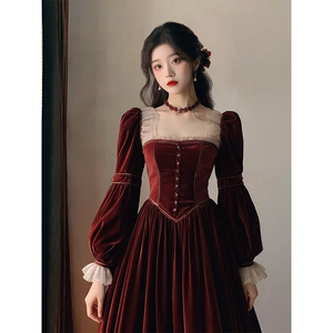 法式赫本风红色丝绒连衣裙子女冬季在逃公主古着vintage生日礼服