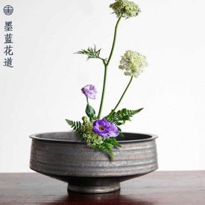 陶瓷高脚鎏金碗型花器中式日式插花器皿茶室民宿客厅桌面摆件装饰