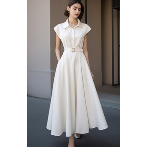 法式高端精致衬衫长裙高级感气质收腰正式场合小香风白色连衣裙夏
