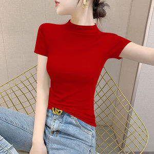 红色半高领打底衫女2023年新款春秋短袖t恤紧身修身洋气半袖上衣