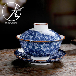 复古青花盖碗茶杯陶瓷三才茶碗茶具大号高白瓷家用加厚耐热泡茶器
