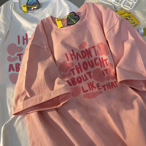 国潮大码粉色短袖t恤女夏休闲宽松ins半袖hiphop设计感纯棉上衣服