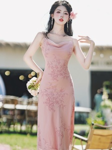 粉色旗袍改良年轻款少女中式女装中国风伴娘服2024新款新中式套装