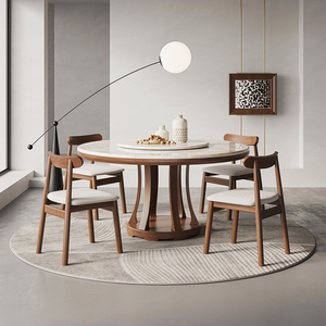大理石餐桌椅组合现代简约圆形餐桌白蜡木圆饭桌实木岩板餐桌家用