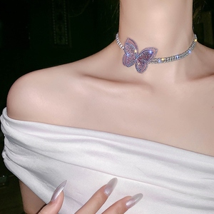 项链仙女风紫色蝴蝶珍珠镶钻锁骨链冷淡风颈链小众简约项圈脖子