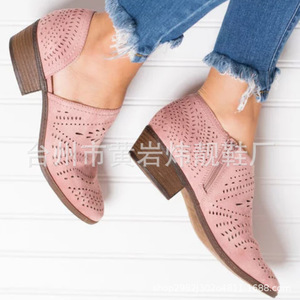 ebay新款欧美粗跟单鞋四季鞋镂空透气女鞋女式小皮鞋