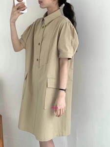 韩版学院风翻领半开扣中长款连衣裙女2024夏季欧洲站学姐风衬衫裙