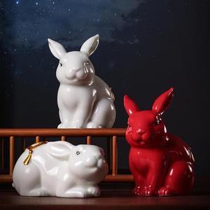陶瓷十二生肖兔子摆件招财纳礼盒纳福风水白兔工艺品玉兔家装饰品