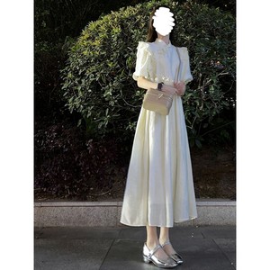 新中式白色连衣裙子仙女收腰气质国风复古设计感小众旗袍长裙夏季