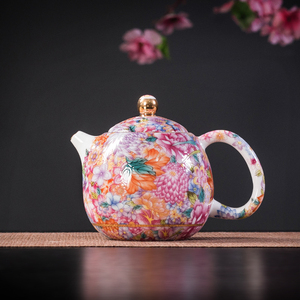 中式珐琅彩茶壶陶瓷万花泡茶壶家用单壶单壶满彩手工描金功夫茶具