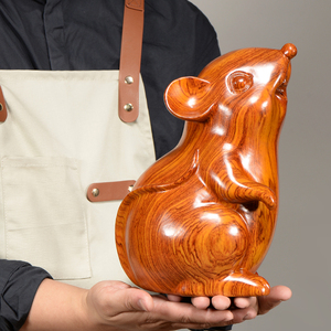 花梨实木雕刻老鼠摆件木头根雕发财十二生肖鼠红木家居装饰工艺品