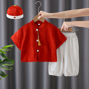 儿童夏季唐装宝宝抓周服男宝周岁礼服男童红色套装新中式汉服短袖