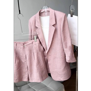 干练气质女装轻奢高级感粉色小香风亚麻西装外套短裤两件套装夏装