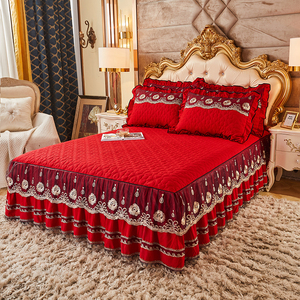 婚庆大红色夹棉床裙三四件套冬季加厚结婚单件床罩款防滑床单床套