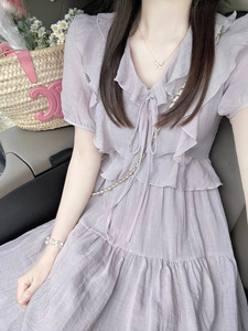 法式高级感紫色v领泡泡袖短袖连衣裙女夏季薄款收腰气质雪纺长裙