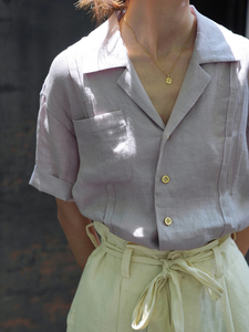 法式复古棉麻短袖衬衫女夏季薄款独特别致翻领polo衫衬衣亚麻上衣