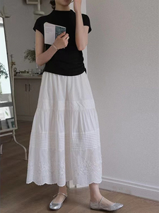 法式高级感白色蕾丝高腰半身裙女夏季薄款垂感棉麻中长款a字伞裙