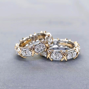 交叉双色戒指纯银十六钻石18K玫瑰金色X排钻满钻男女同款轻奢指环